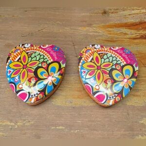 Two Brighton Orange & Pink Floral Heart Shaped 3.5” Collectible Jewelry Tins